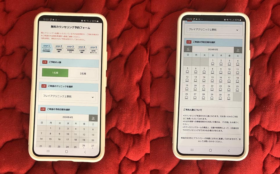 フレイアの予約フォームを表示したスマホ