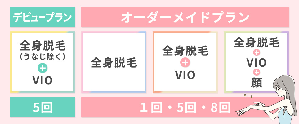 デビュープランとオーダーメイドプランの脱毛部位と回数